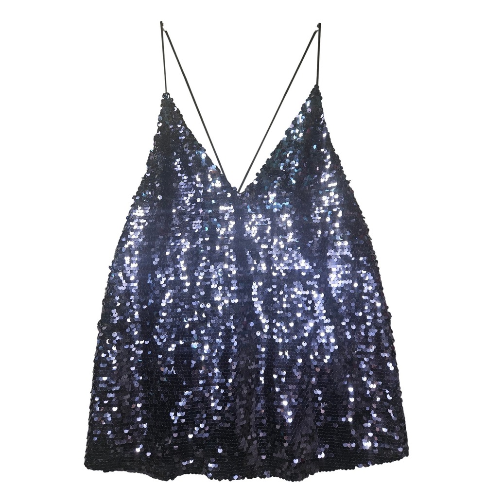 Zara TRF Sequin Camisole Top Navy Blue Purple V-Neck Strappy Party Medium NEW